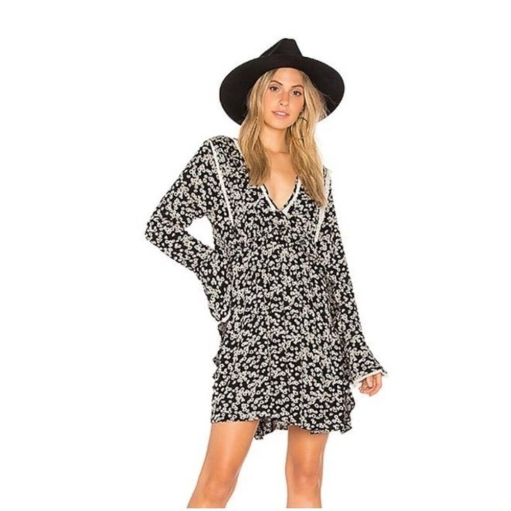FREE PEOPLE "LIKE YOU BEST" BLACK FLORAL DRESS SMALL BABYDOLL EMPIRE WAIST BOHO